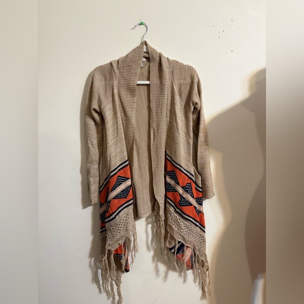 Demanding Women’s XS Aztec cardigan tribal-inspired design fringe‎ tan orange